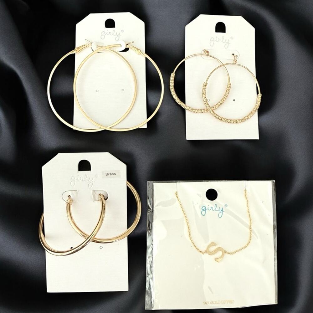 NWT Girly gold dipped hoop earrings and S initial necklace lot gift idea